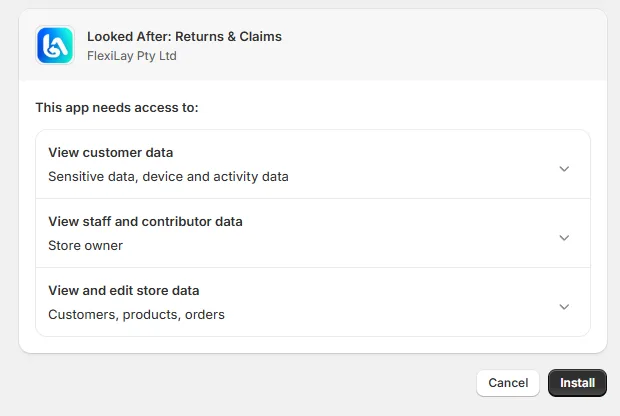 Shopify's install screen: the app reads customers, orders and products, and the store owner's contact for notifications. No payment access.