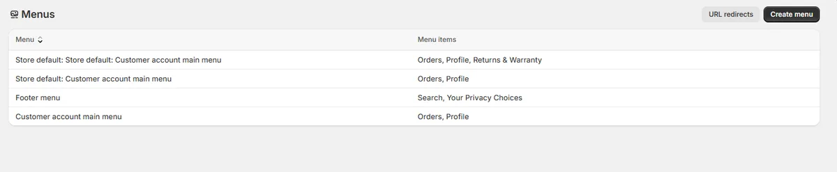 Content → Menus: the footer menu and the customer-account menu.