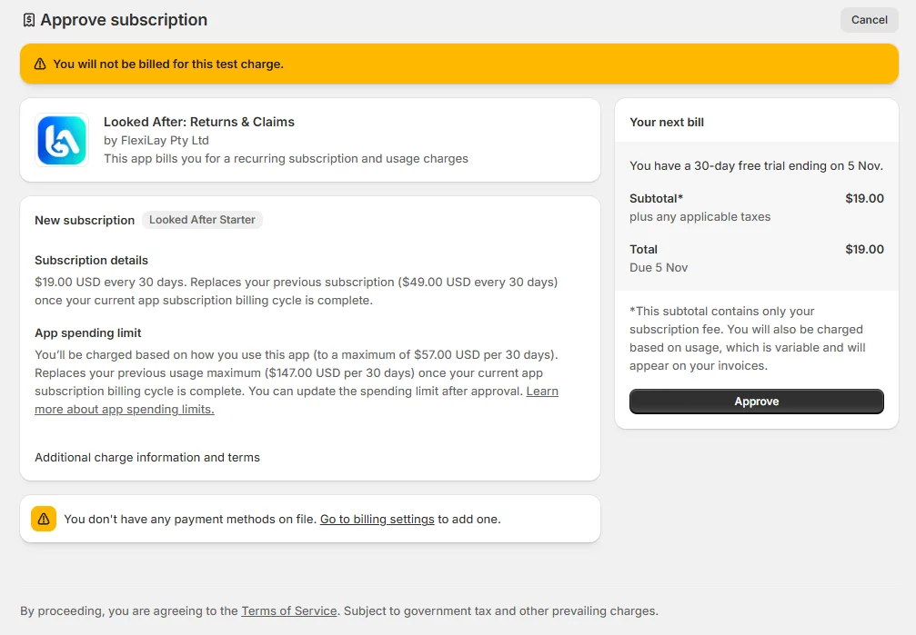 Shopify's approval screen: the plan, the trial end date, and the usage spending limit (three times the plan price) you can raise or lower afterwards in Shopify. Changing plan shows the same screen with the switch-over explained; on a development store it is marked as a test charge.