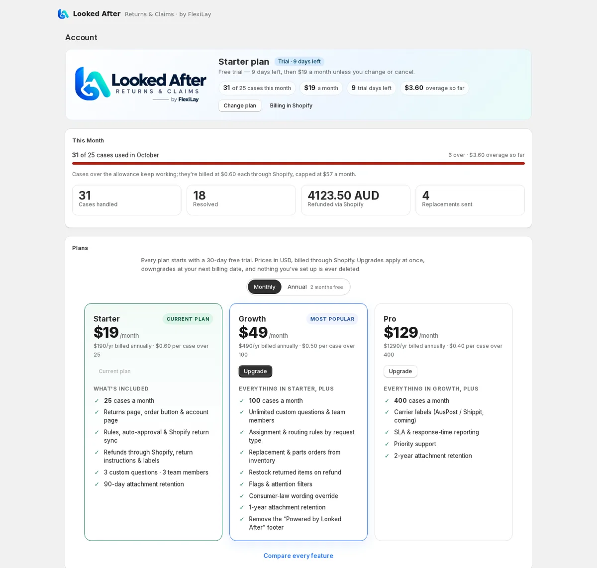 The Account tab: your plan and trial in the header, cases used this month, and the plan cards.