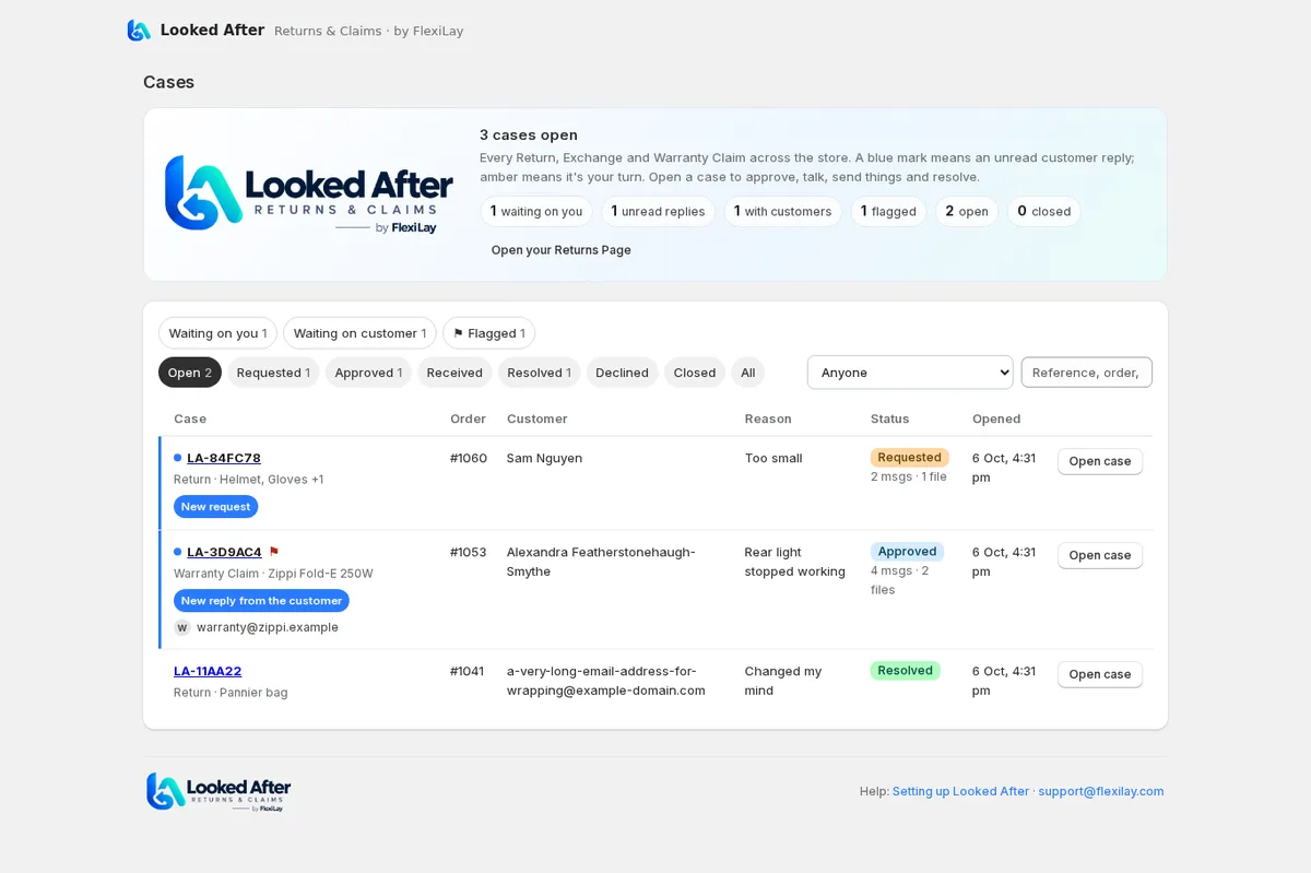 Cases: focus filters (waiting on you, waiting on customer, flagged), status tabs, assignee and search.