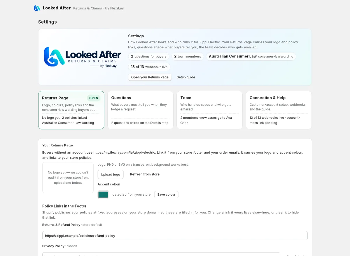 Settings opens on four status cards; the Returns Page card shows the logo, policy links and wording in use.