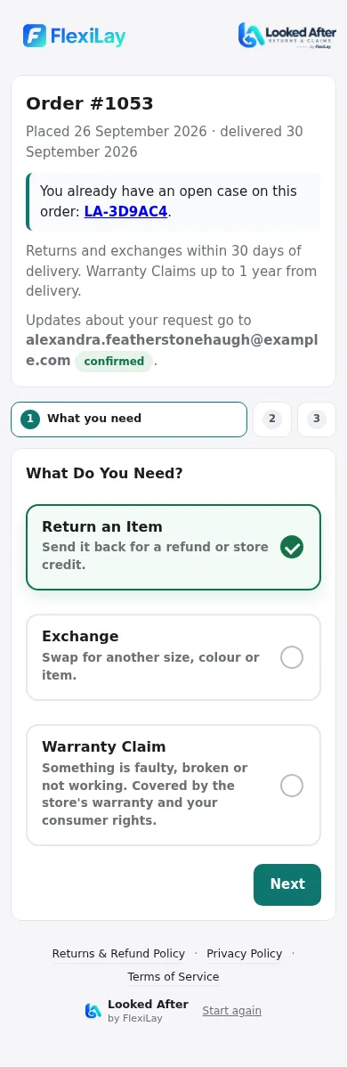 Step one on the Returns Page: Return, Exchange or Warranty Claim, each saying what happens next.